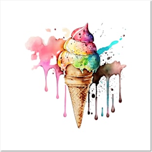 Ice cream cone with melted reinbow Posters and Art